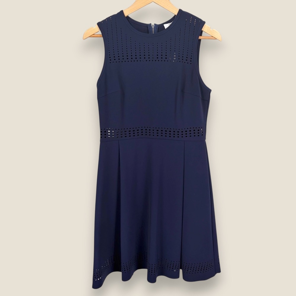Parker Dress Womens Small Navy Blue Laser Cut Geometric Fit Flare